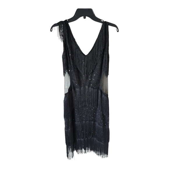 Babeyond Fringe Beaded Dress M Women Black Flapper 1920s V Neck Sequin Y2k - Picture 1 of 16